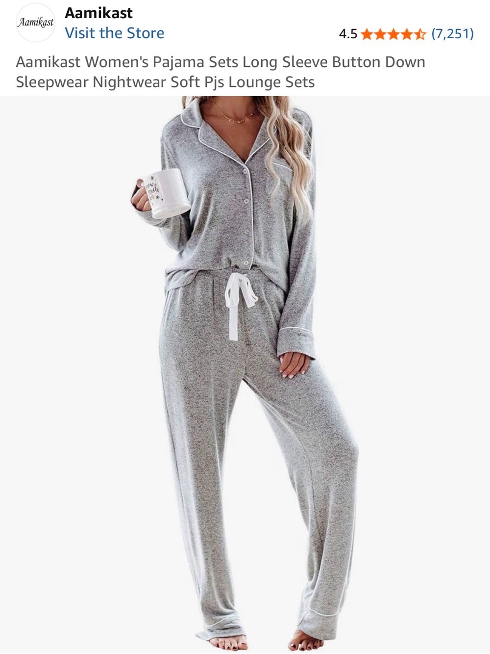 Aamikast Women’s Gray Long Sleeve Button Down Pajama Set | Soft Lounge PJs